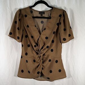 OLM Blouse Women's Medium Brown Black Polka Dot Vneck Short Sleeve Top